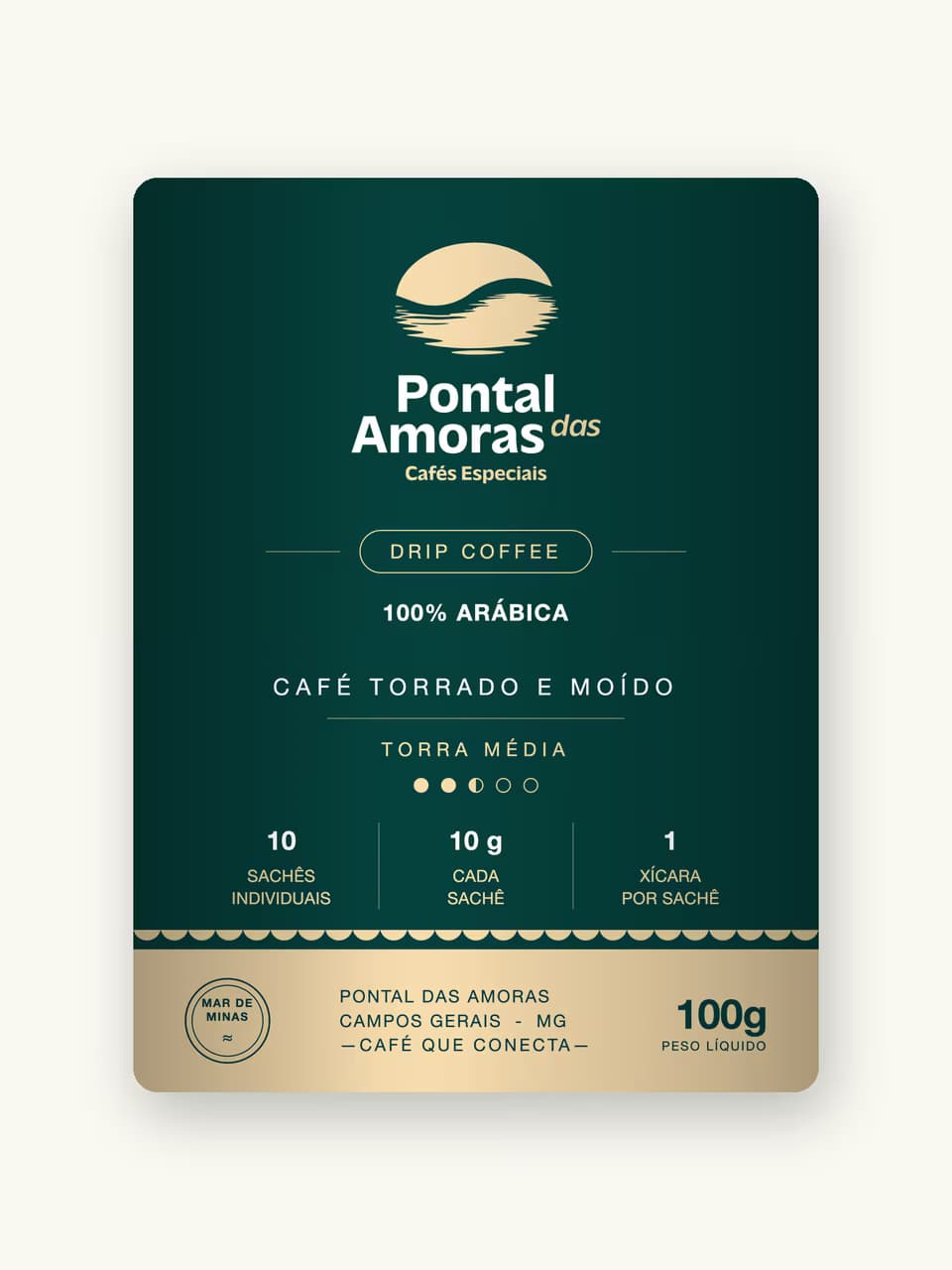 Caixa de drip coffee Pontal das Amoras, 10 sachês de 10 g, torra média, 100% arábica.