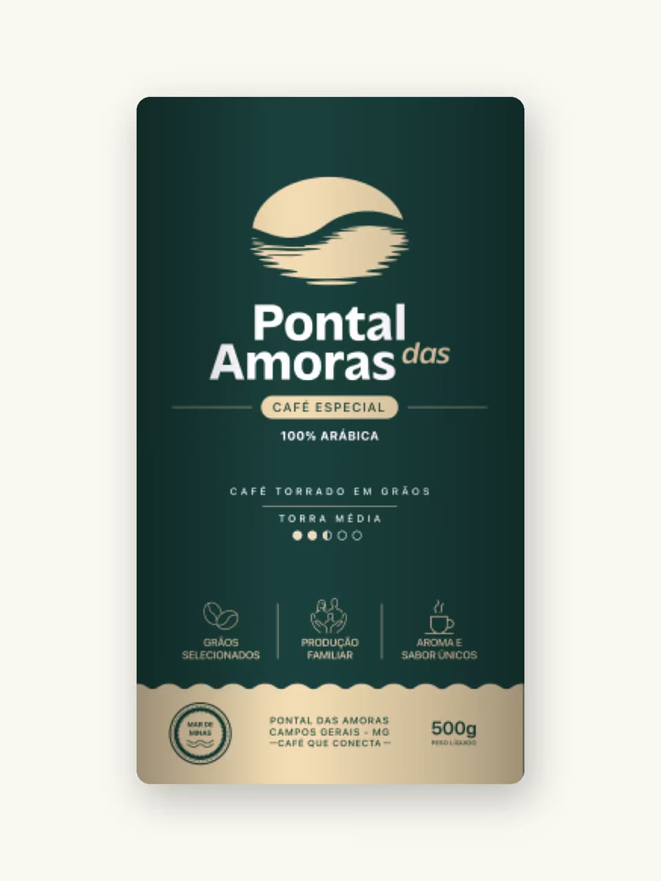 Rótulo do café Pontal das Amoras torrado em grãos, 500 g, torra média, 100% arábica.