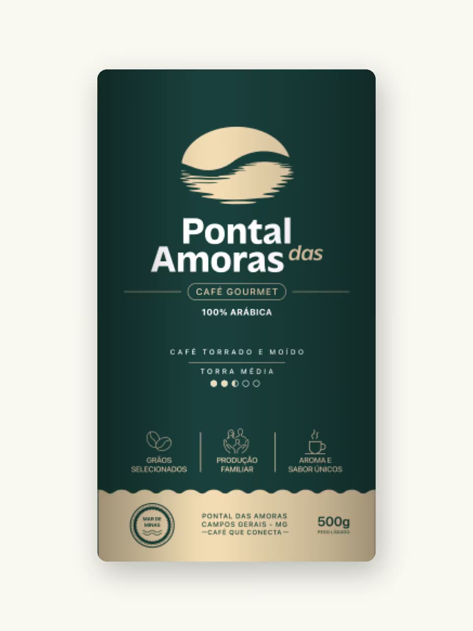 Rótulo do café Pontal das Amoras torrado e moído, 500 g, torra média, 100% arábica.